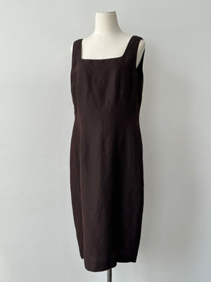 Vintage 1990s Silk Linen Square Neck Midi Dress - L