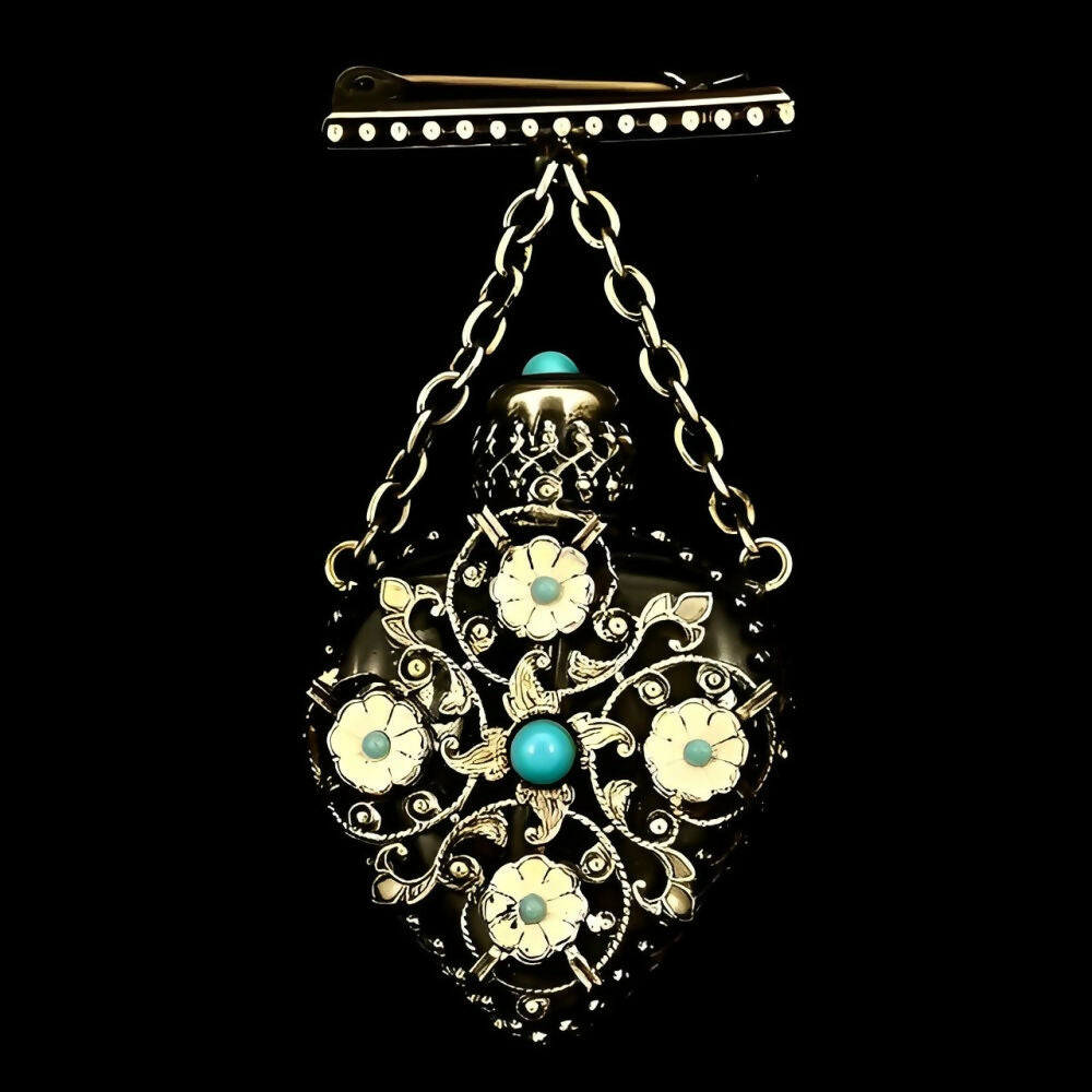 silver-plated-filigree-turquoise-glass-enamel-miniature-perfume-bottle-brooch-6z