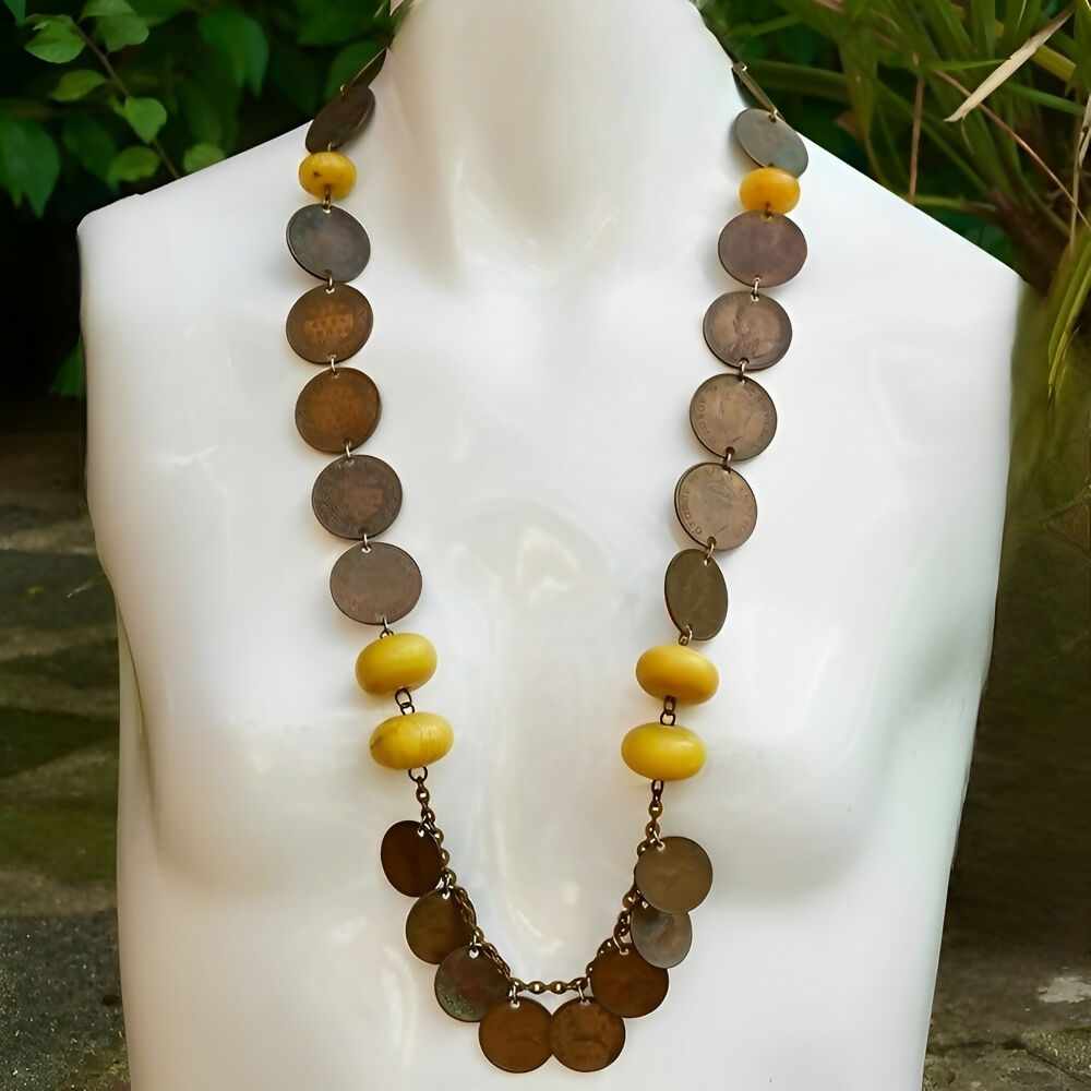 indian-tibetan-coin-and-yellow-resin-beads-necklace-4p