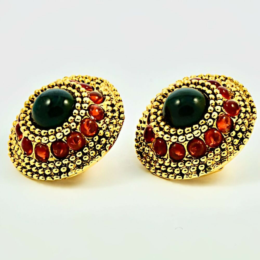 Gem-Craft-Gold-Plated-Clip On-Earrings-with-Black-and-Burnt-Orange-Glass-Stones-4z