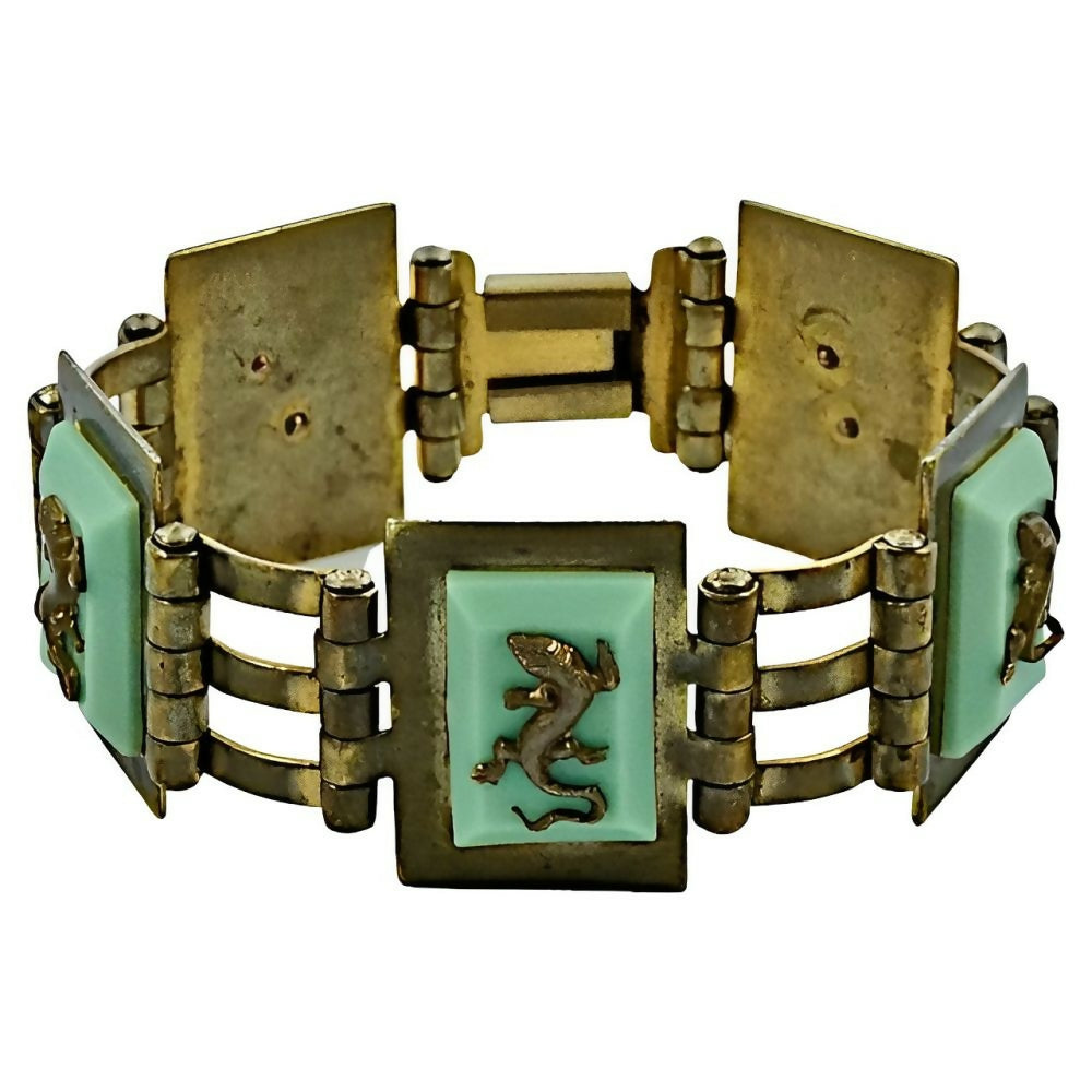 Jean-Painleve-French-Art-Deco-Gold-Plated-Green-Bakelite-Salamander-Bracelet-1z