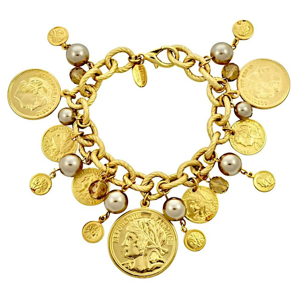 Miriam-Haskell-Russian-Gold-Plated-Pearl-Citrine-Glass-Coin-Charm-Bracelet-1z