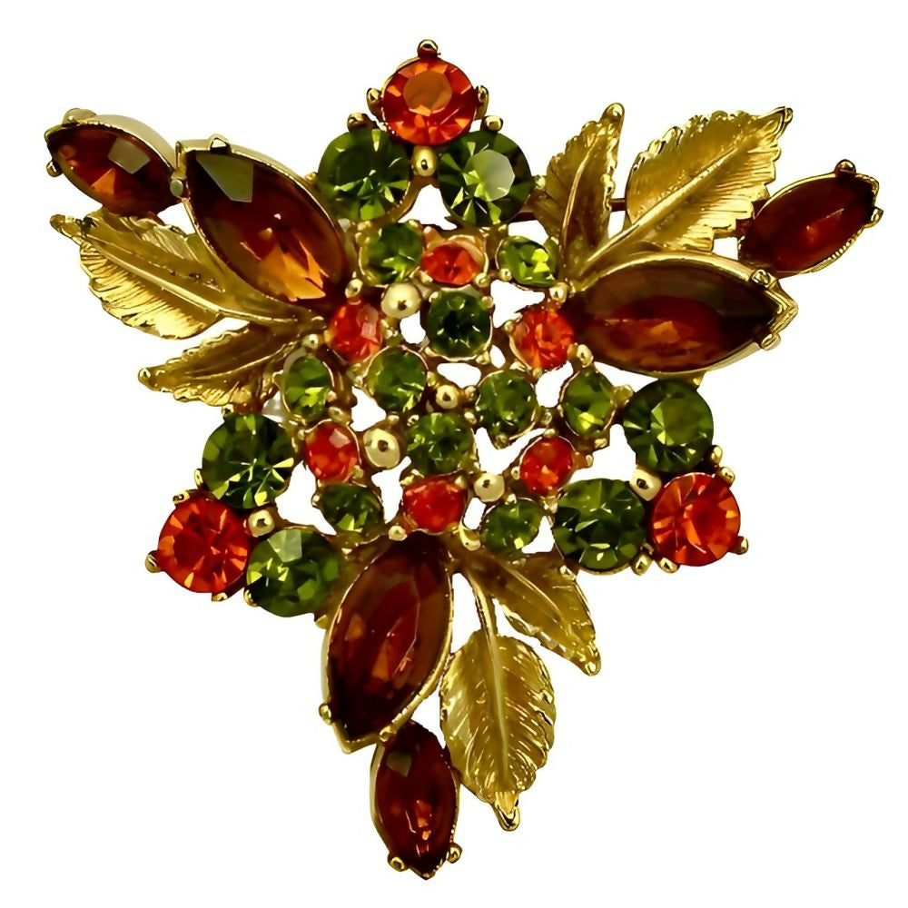 triangular-gold-tone-leaf-and-flower-design-brooch-with-green-orange-and-brown-crystals-1z