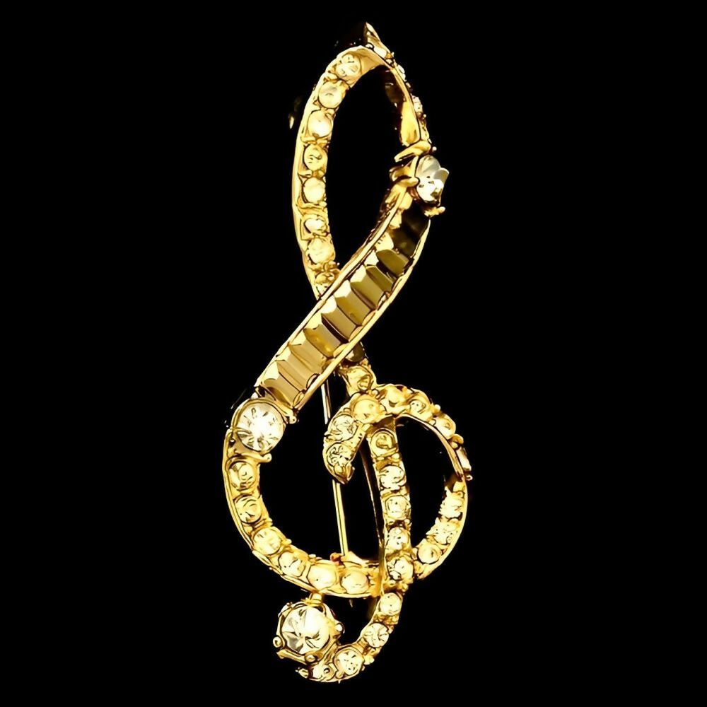 Gold Plated Treble Clef Brooch with Clear Round Crystals-6z