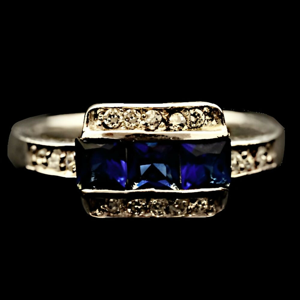 Silver-Ring-with-Azure-Blue-and-Clear-Rhinestones-circa-1950s - 6z