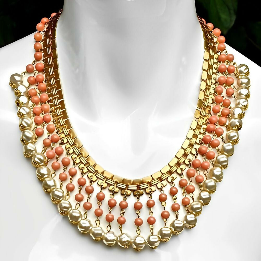 gold-plated-coral-glass-bead-faux-baroque-pearl-drop-collar-necklace-circa-1950s-4z