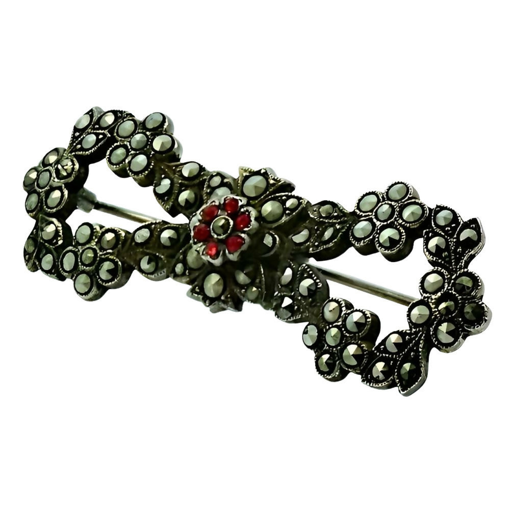 STERLING SILVER MARCASITE RED PASTE STONE BOW BROOCH CIRCA 1930S