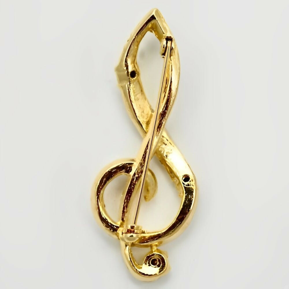 Gold Plated Treble Clef Brooch with Clear Round Crystals-4z