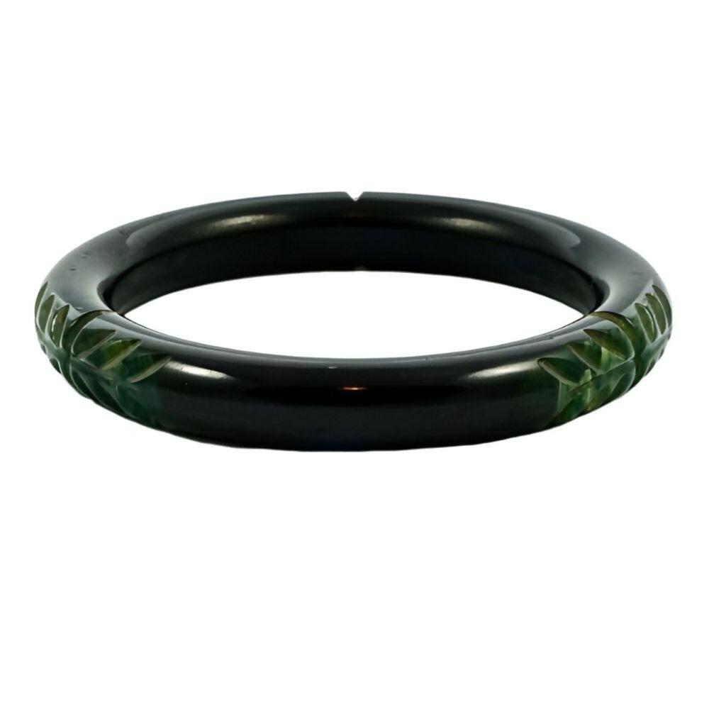 Art-Deco-Black-and-Marbled-Green-Carved-Leaves-Bakelite-Bangle-2zs