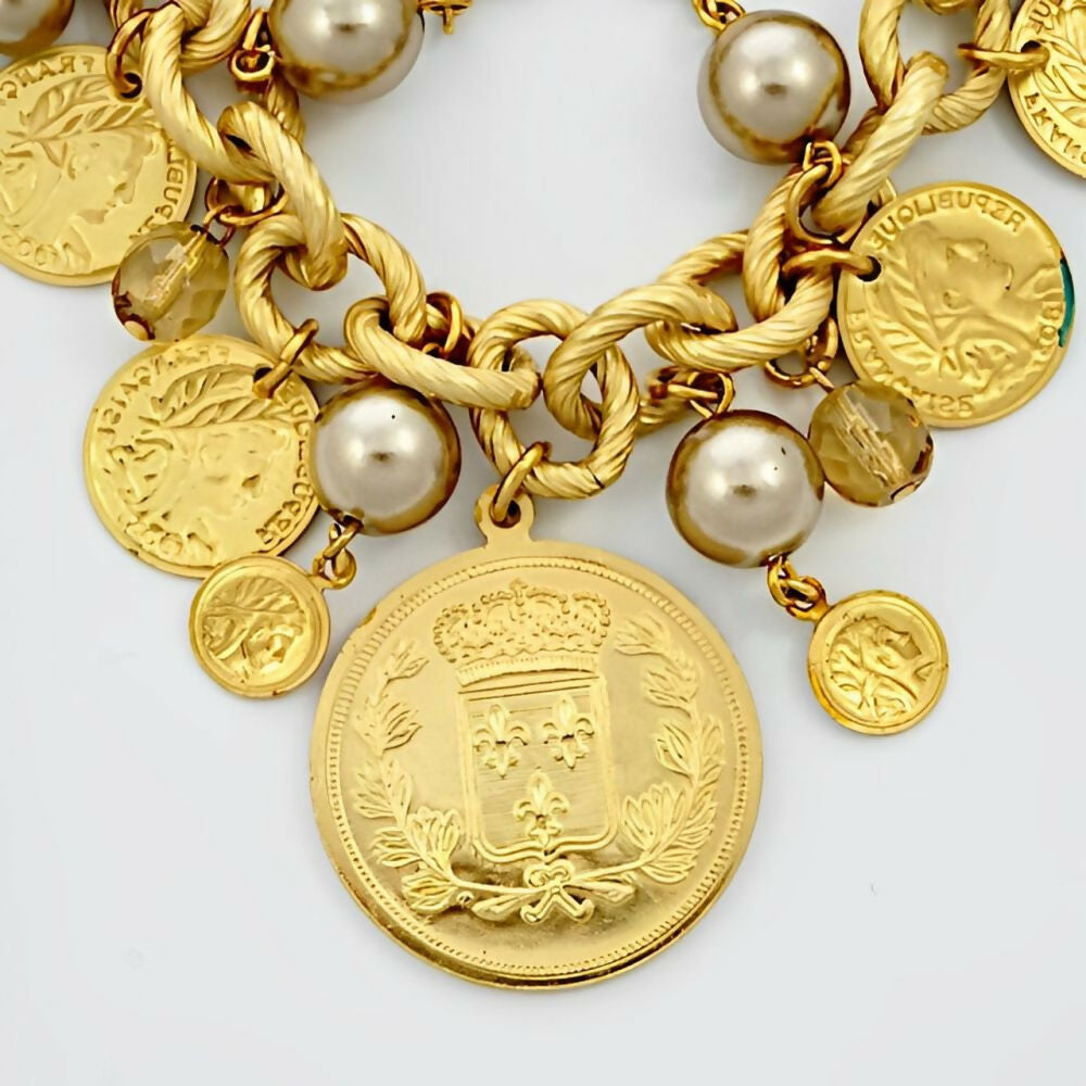 Miriam-Haskell-Russian-Gold-Plated-Pearl-Citrine-Glass-Coin-Charm-Bracelet-5z