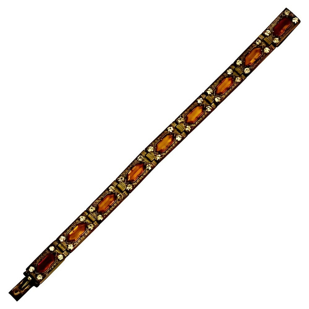 art-deco-bronze-tone-amber-and-clear-rhinestone-ornate-link-bracelet-1z