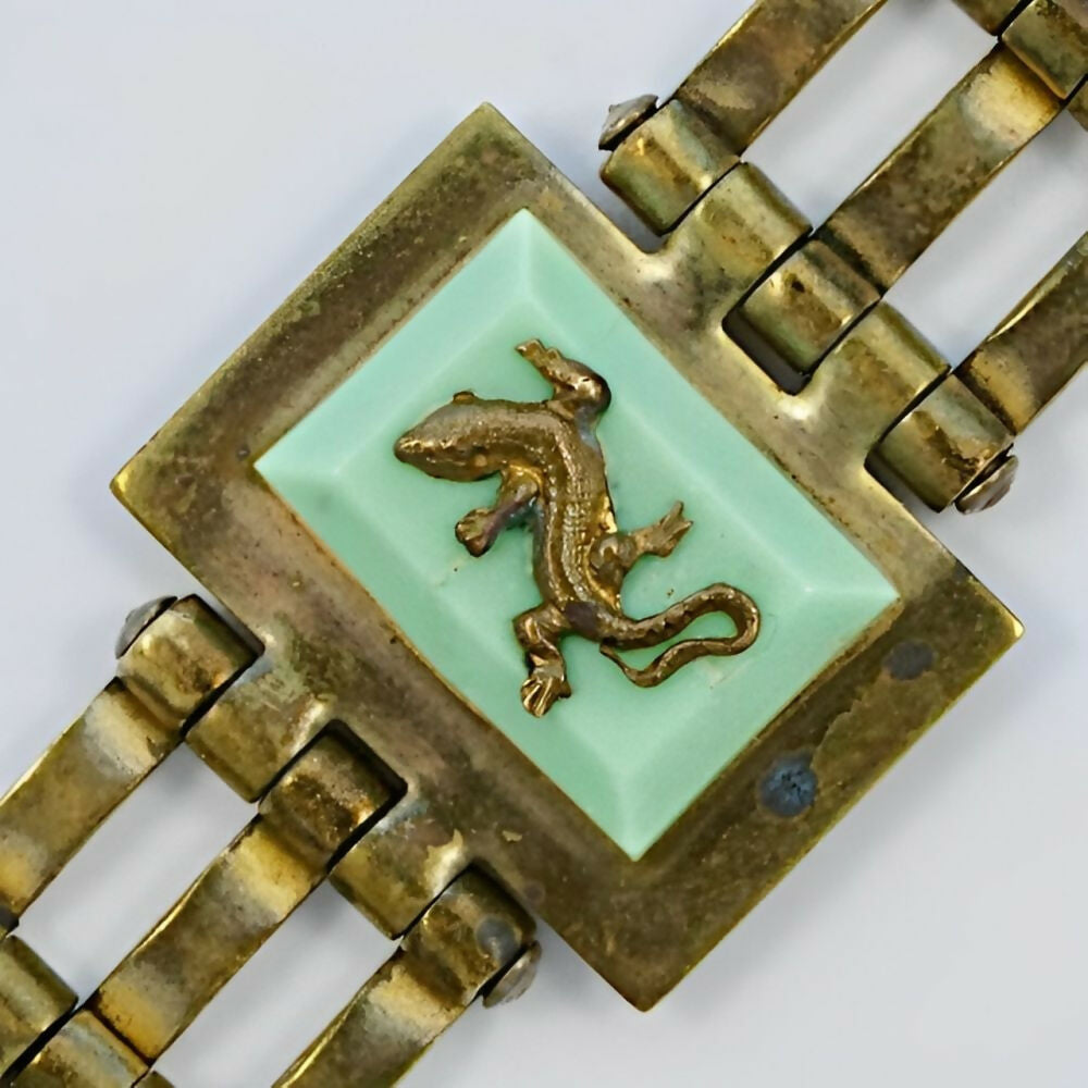 Jean-Painleve-French-Art-Deco-Gold-Plated-Green-Bakelite-Salamander-Bracelet-3z