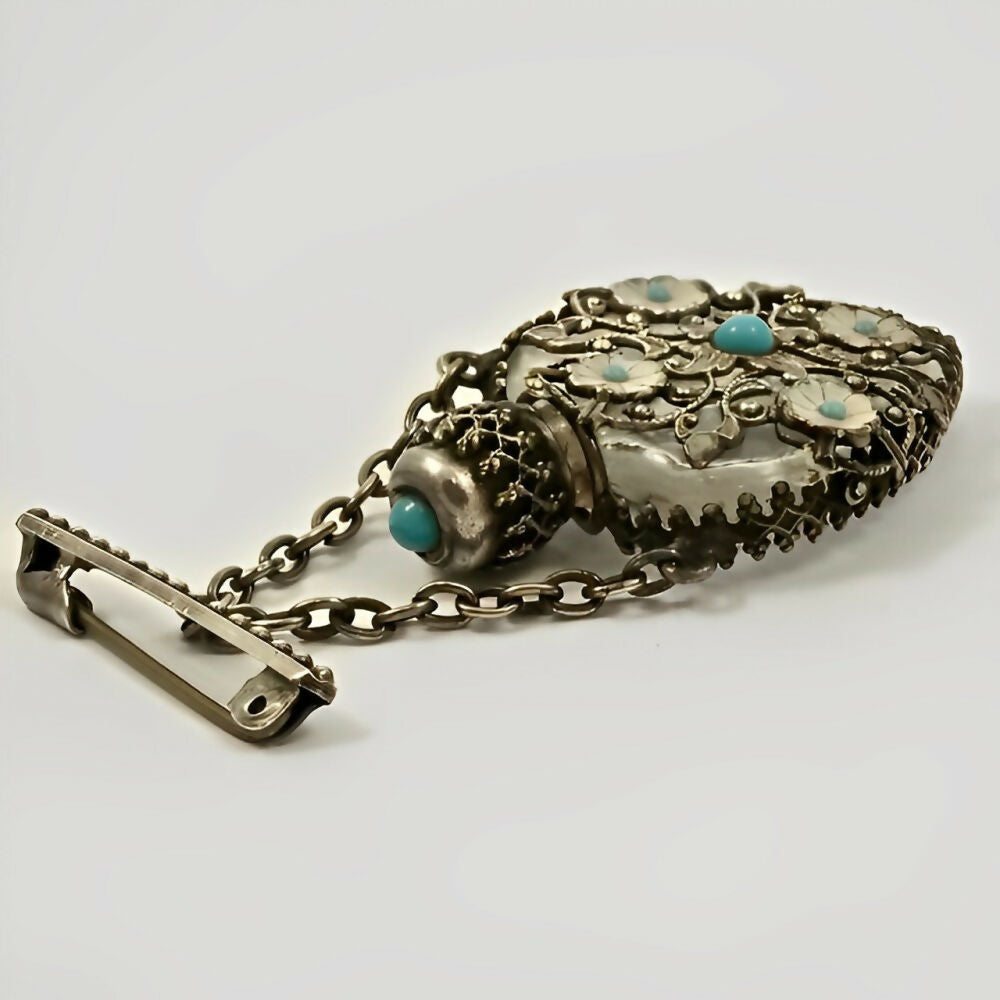 silver-plated-filigree-turquoise-glass-enamel-miniature-perfume-bottle-brooch-5z