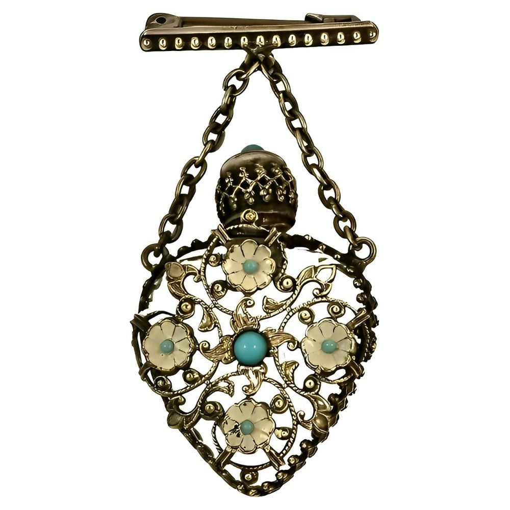 silver-plated-filigree-turquoise-glass-enamel-miniature-perfume-bottle-brooch-1z