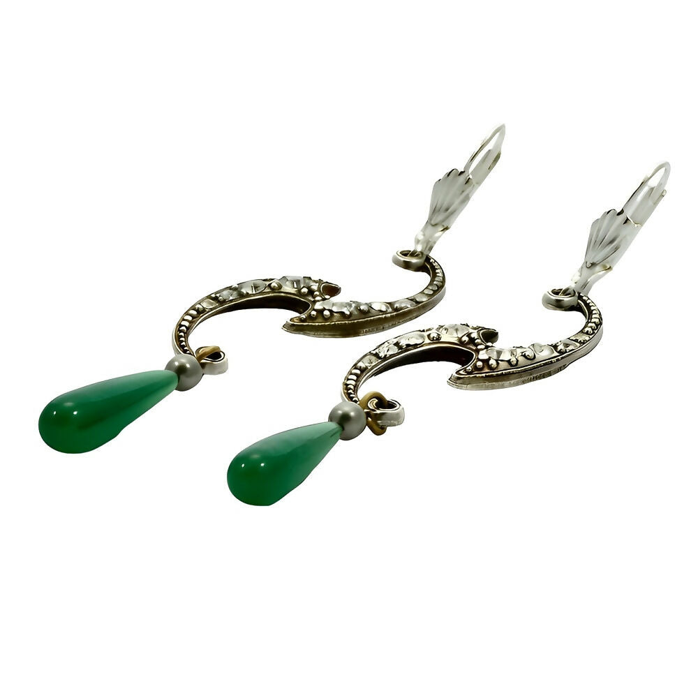 silver-tone-and-rhinestone-lever-back-earrings-with-green-glass-drops-2p