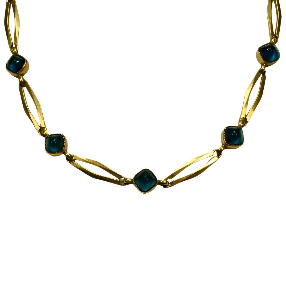 gold-filled-link-necklace-with-blue-glass-cabochon-stones-circa-1940s-4p