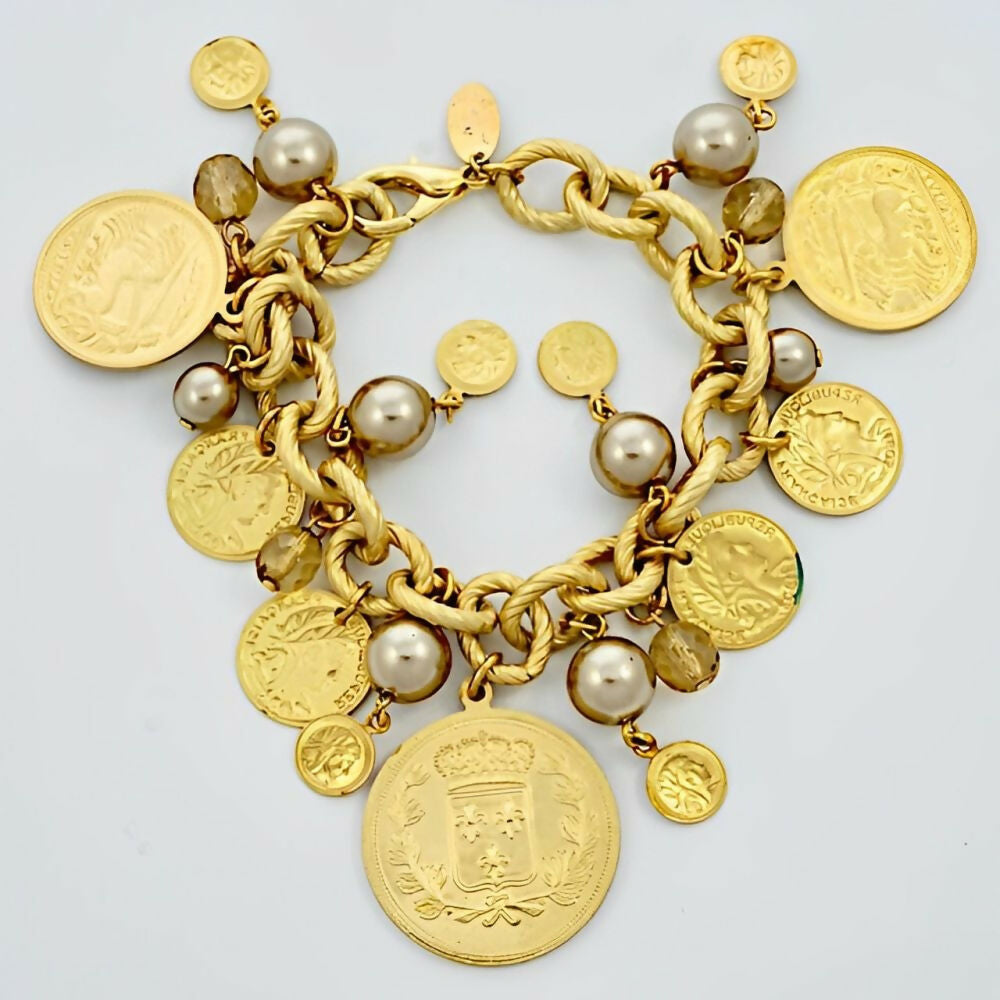 Miriam-Haskell-Russian-Gold-Plated-Pearl-Citrine-Glass-Coin-Charm-Bracelet-4z