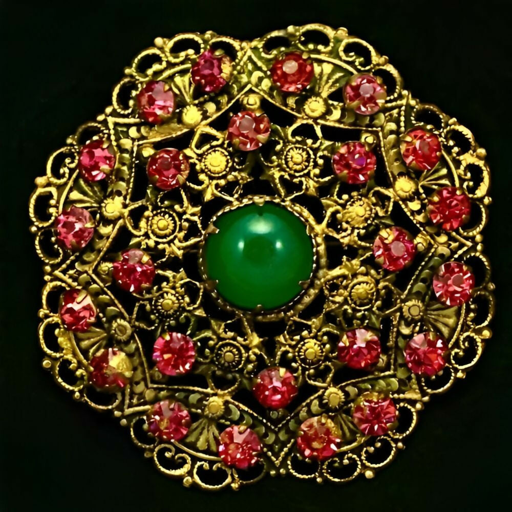 czech-ornate-round-brooch-with-green-and-pink-round-crystals-4z