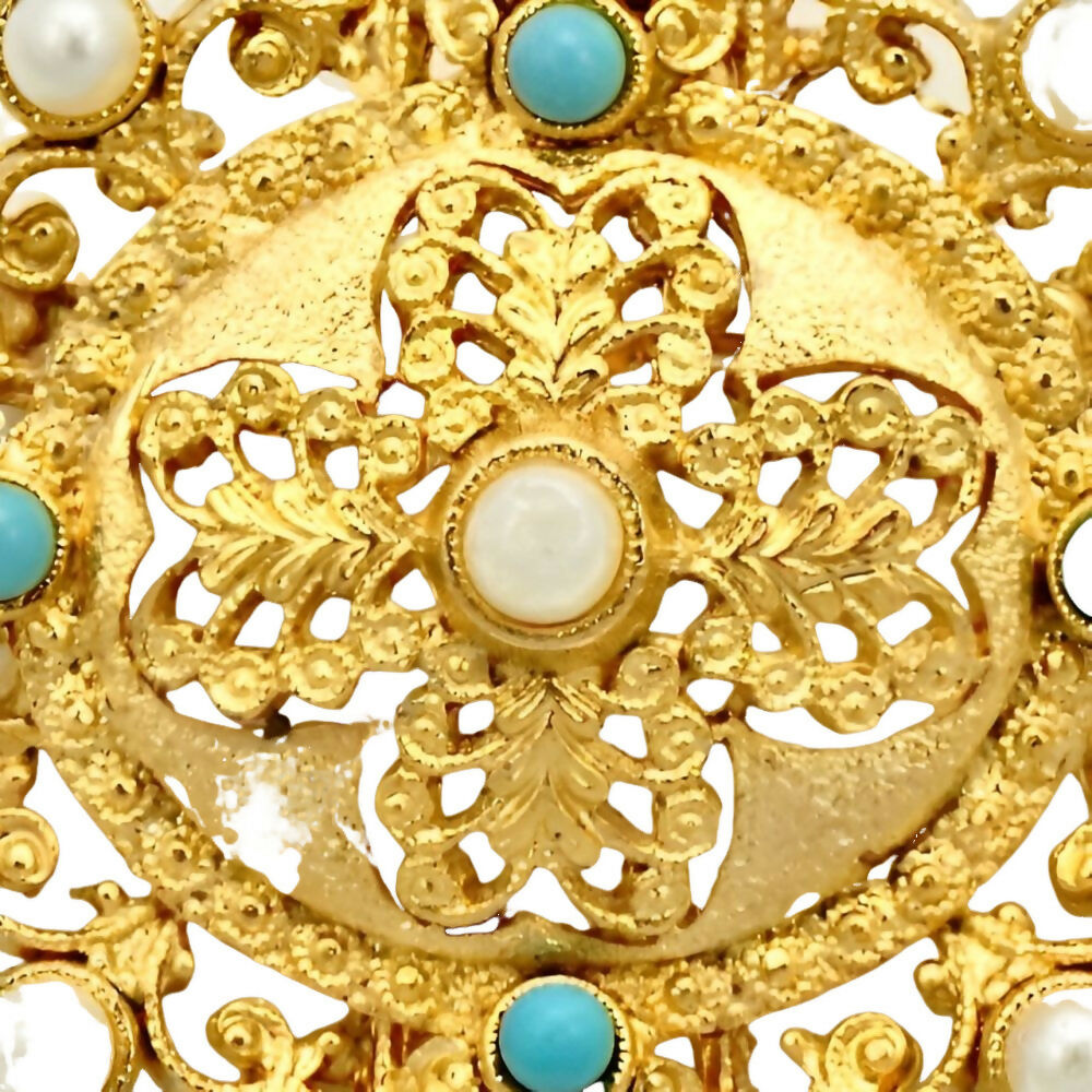 Gold Plated Oval Ornate Faux Turquoise and Pearl Brooch-2z(1)