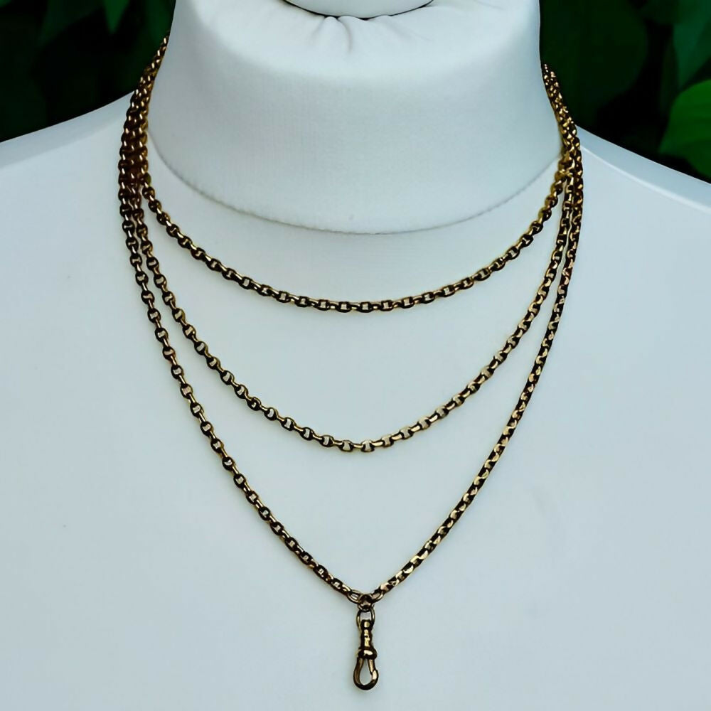 NCR-&-Co-Antique-Victorian-Gold-Gilt-Metal-Long-Guard-Chain-with-Dog-Clip-4z