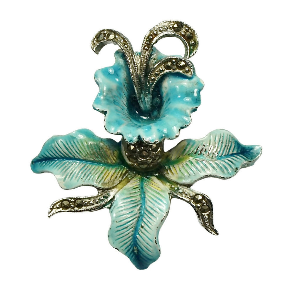 silver-tone-turquoise-enamel-and-marcasite-orchid-brooch-1p