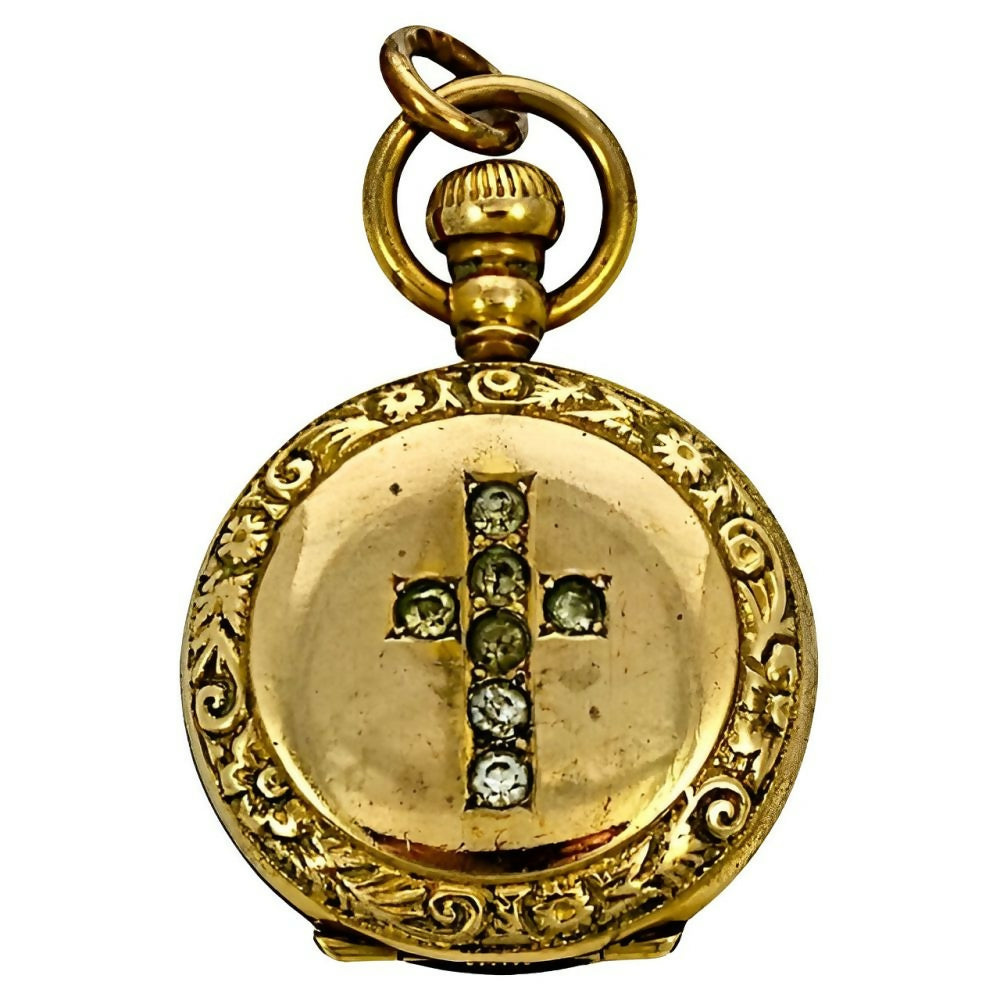 Antique-Victorian-Gold-Plated-and-Clear-Paste-Stone-Cross-Locket-1z