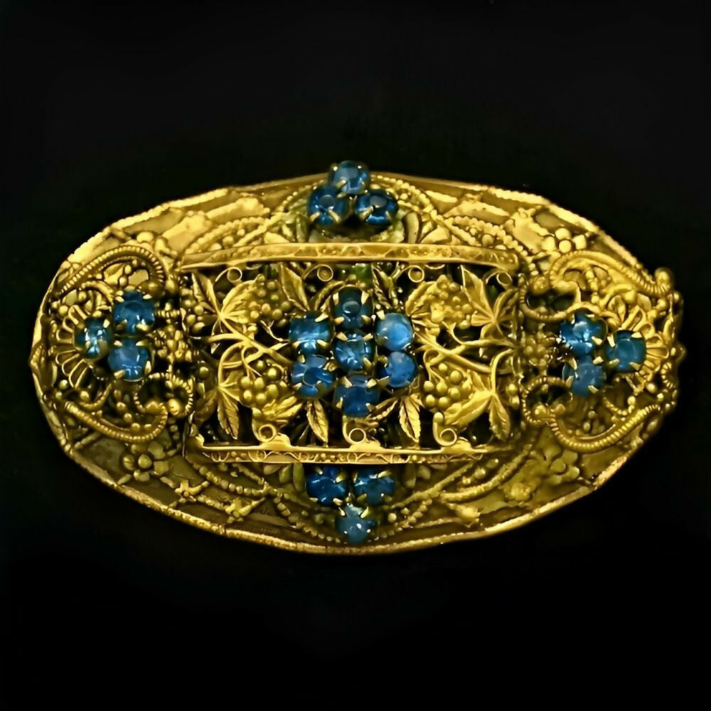 czech-gold-tone-ornate-oval-brooch-with-blue-crystals-5z