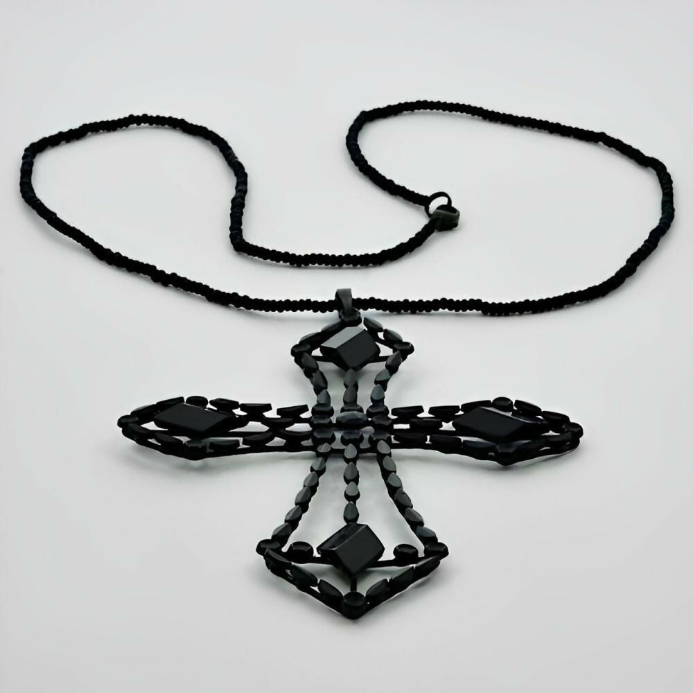 Art-Deco-Large-French-Jet-Cross-Pendant-and-Black-Glass-Bead-Chain-Necklace-5z